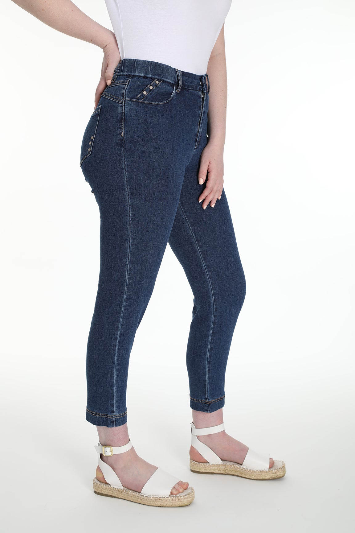 VTG Lee Capri Jeans Womens Size 18 Elastic Waist Side Denim Blue Dark Wash  Cutof