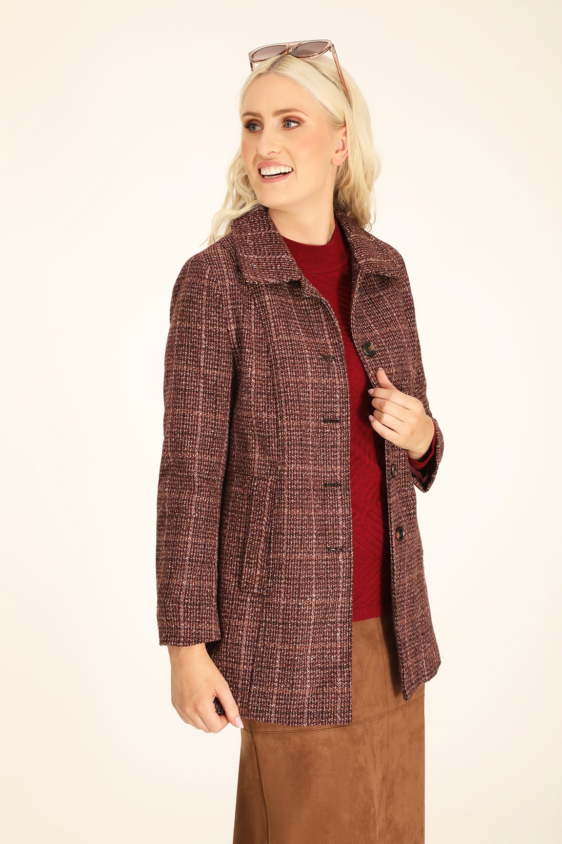 Textured Check Coat in Berry Caroline Eve