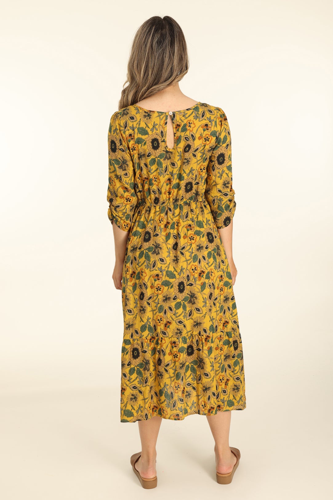 Printed Rayon Cotton Dress in Yellow Caroline Eve