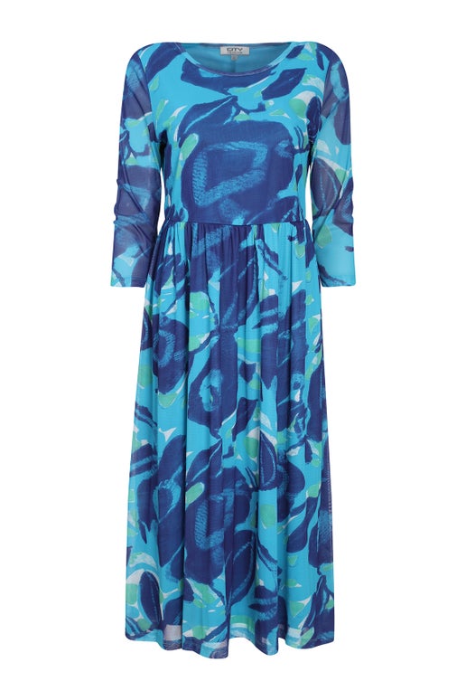 Printed Mesh Dress in Blue | Caroline Eve