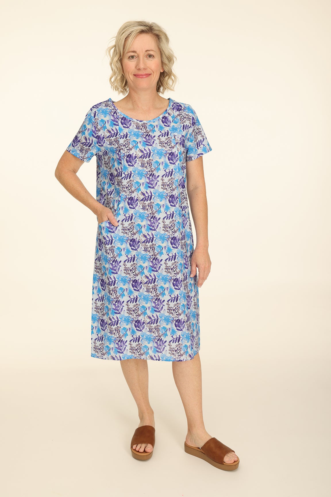 Printed Linen Blend Dress in Blue