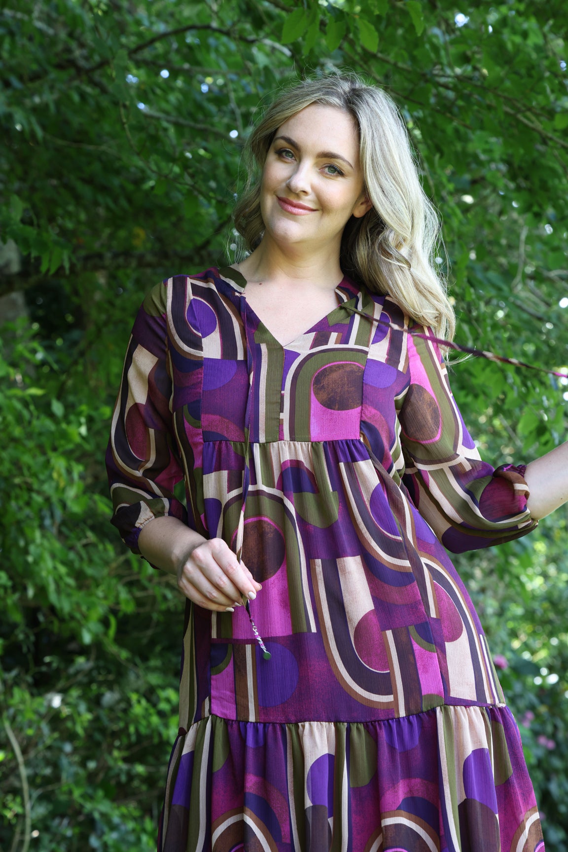 Printed Yoryu Chiffon Dress in Purple | Caroline Eve