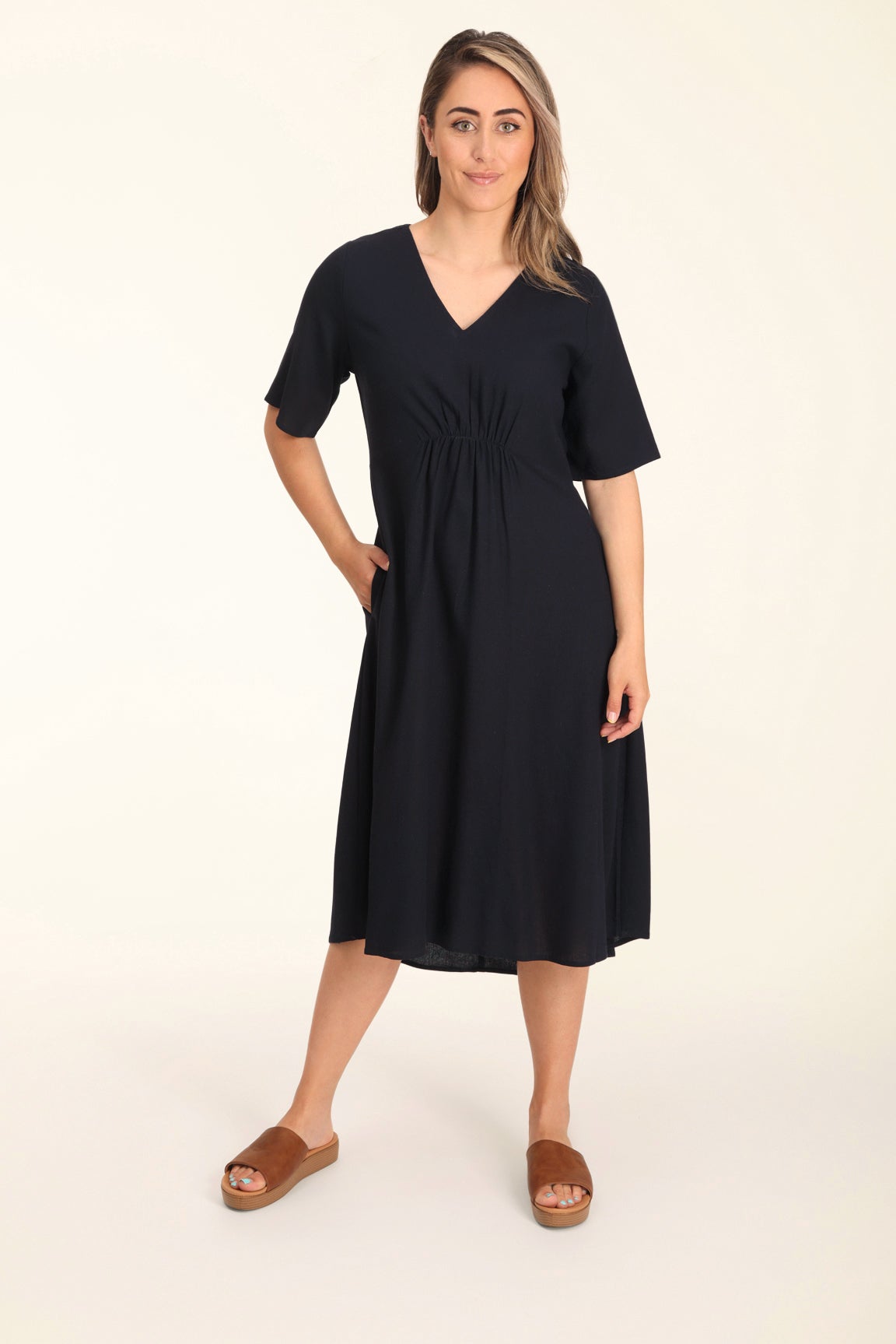 Linen Blend Dress in Navy | Caroline Eve