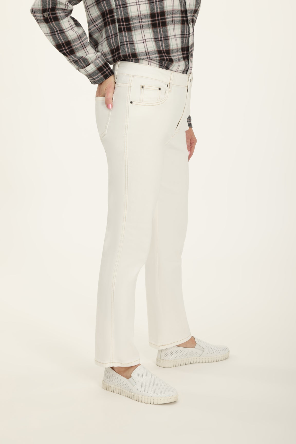 Coloured Denim Straight Leg Extra Short Jean in Off White Caroline Eve