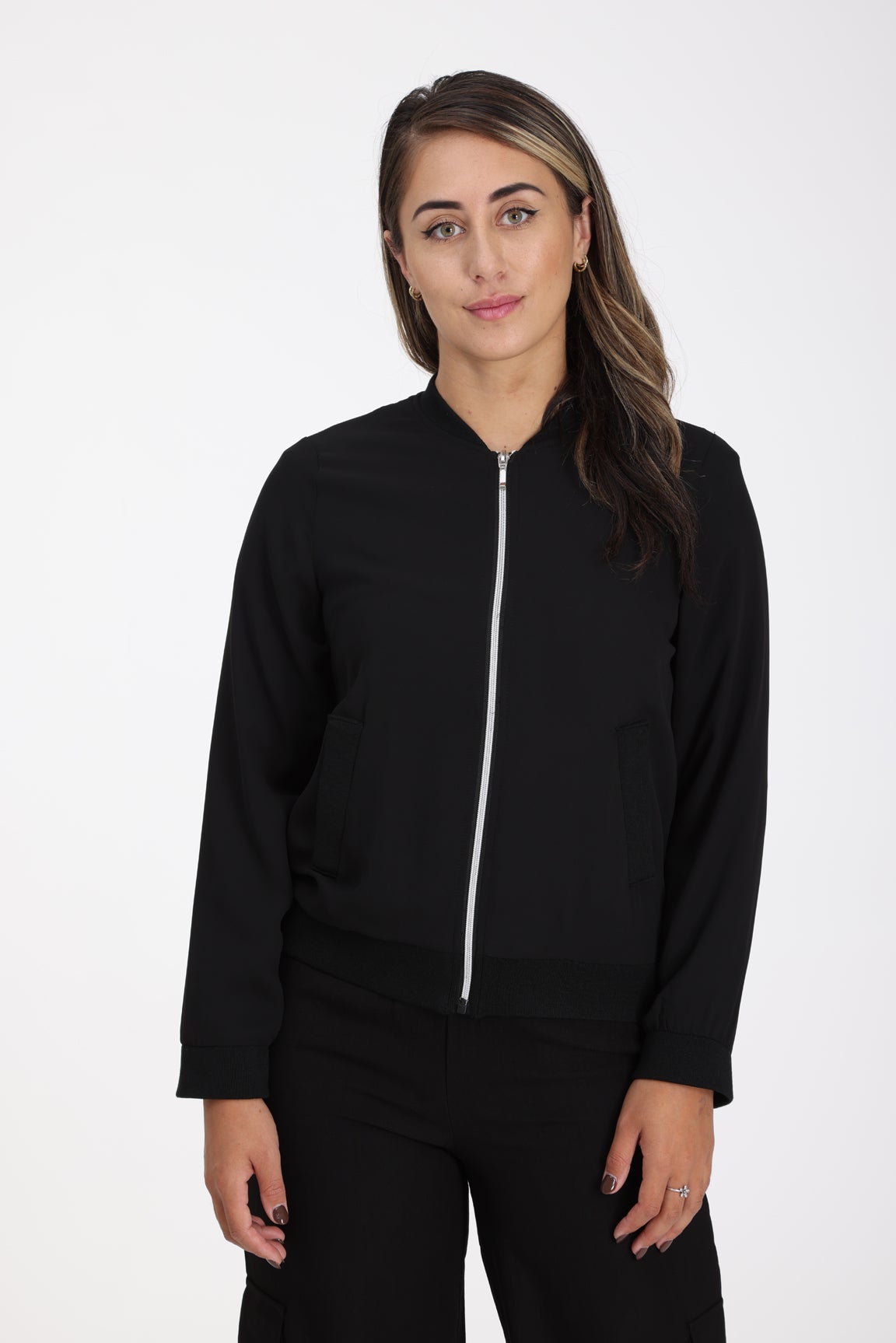 Plain Chiffon Bomber Jacket in Black Caroline Eve