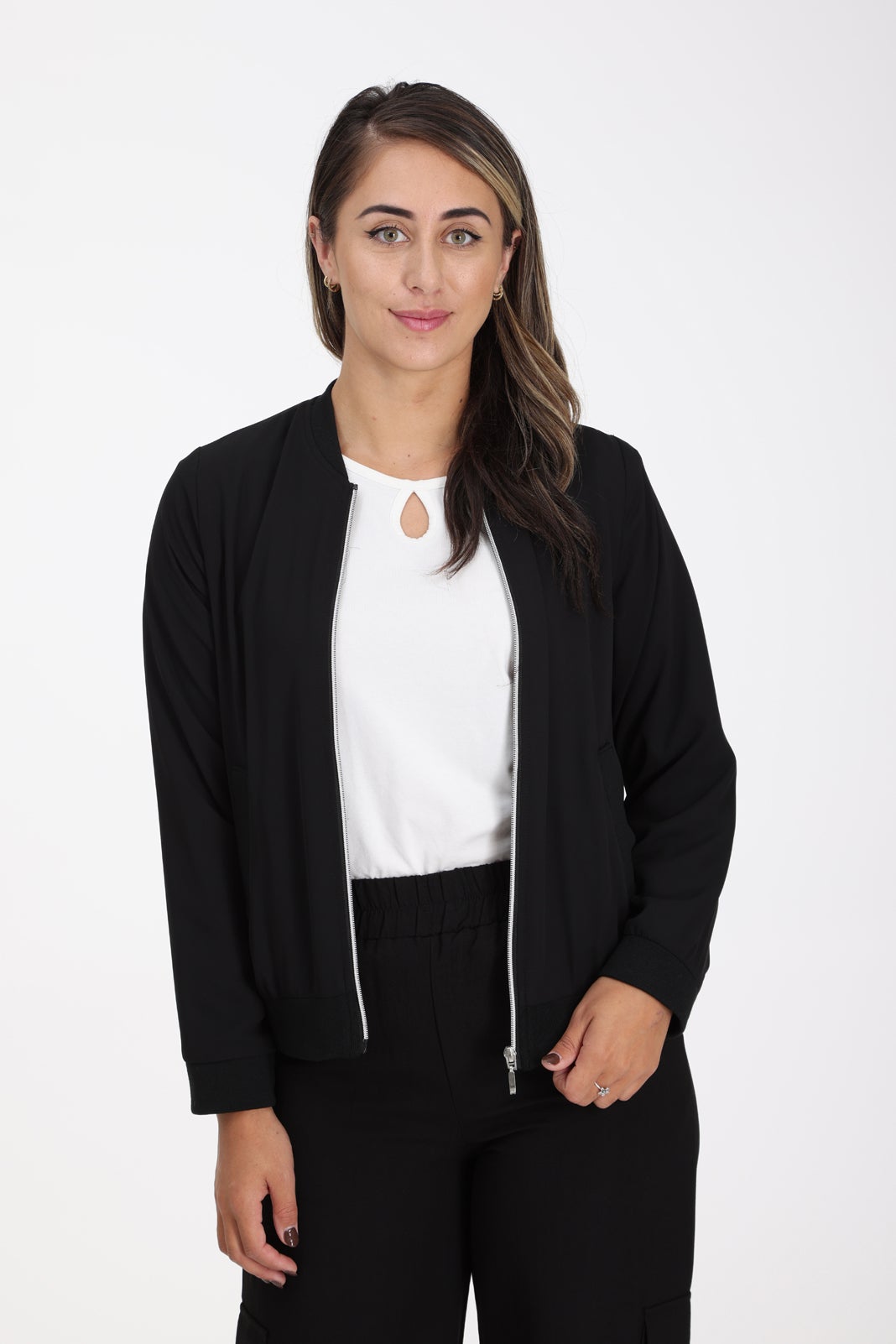 Plain Chiffon Bomber Jacket in Black Caroline Eve