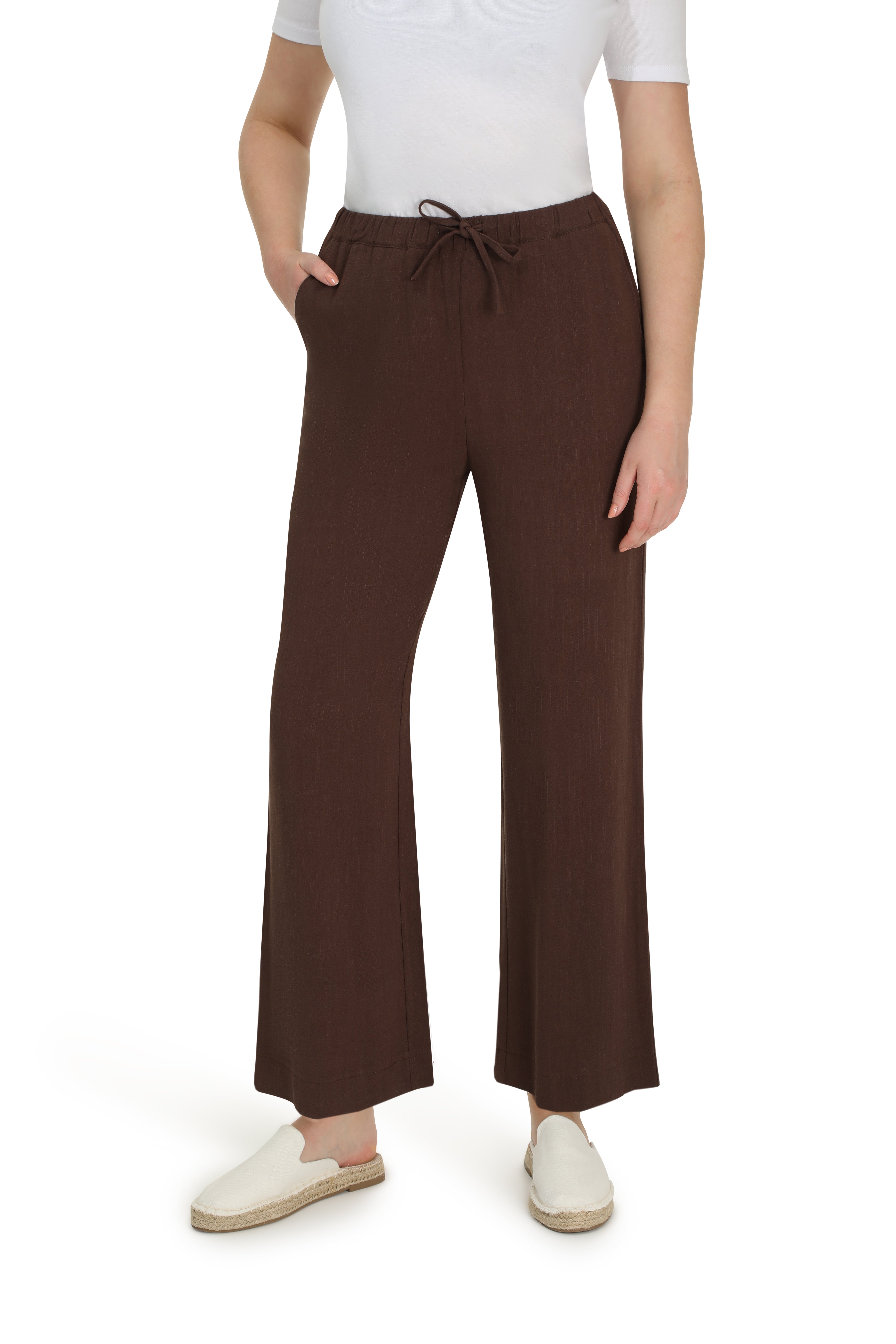 Ladies Linen Blend Drawcord Pants - Caramel