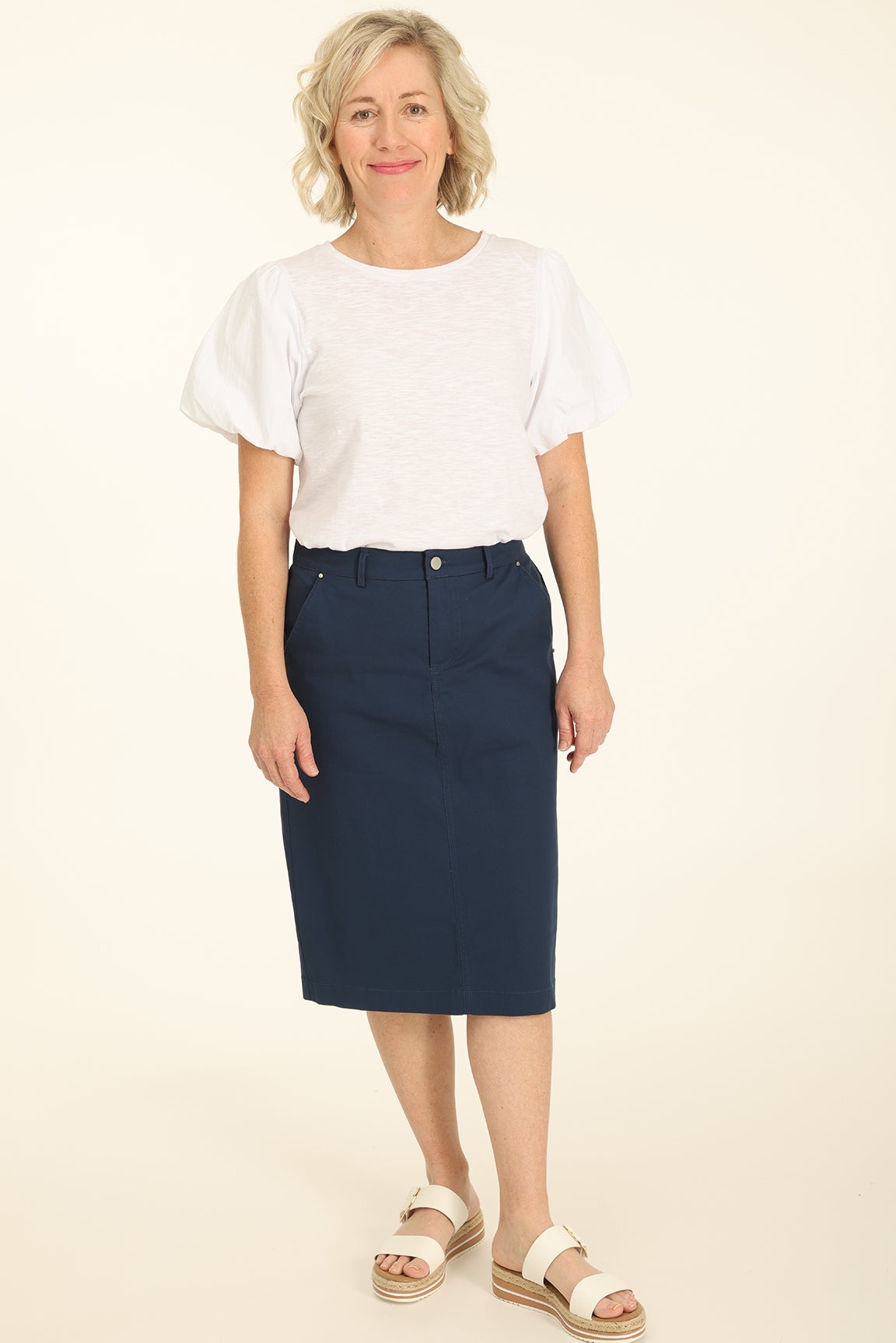 Cotton Rich Stretch Skirt in Blue | Caroline Eve