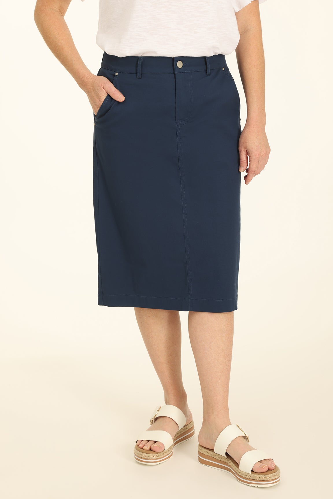 Cotton Rich Stretch Skirt in Blue | Caroline Eve