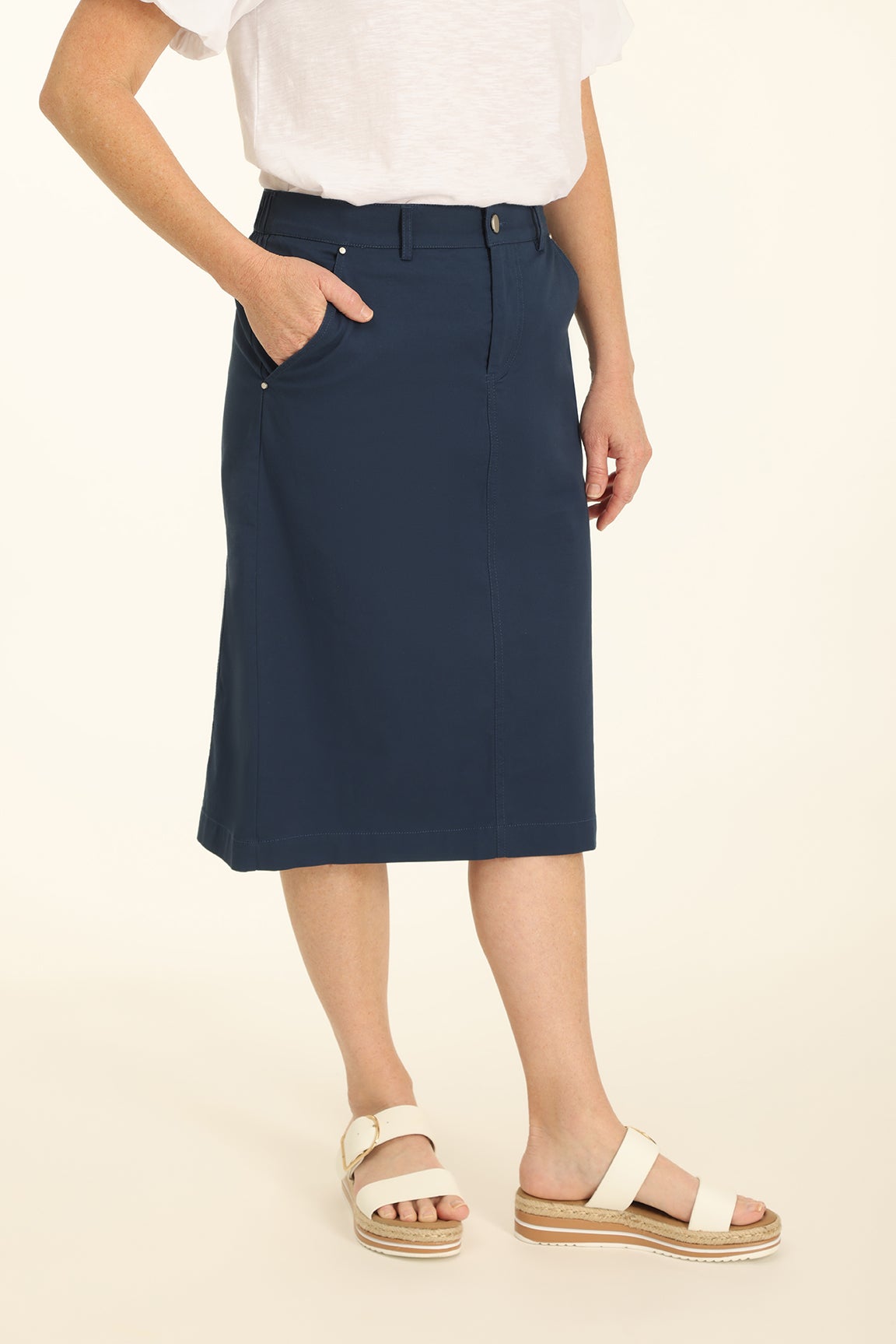 Cotton Rich Stretch Skirt in Blue | Caroline Eve