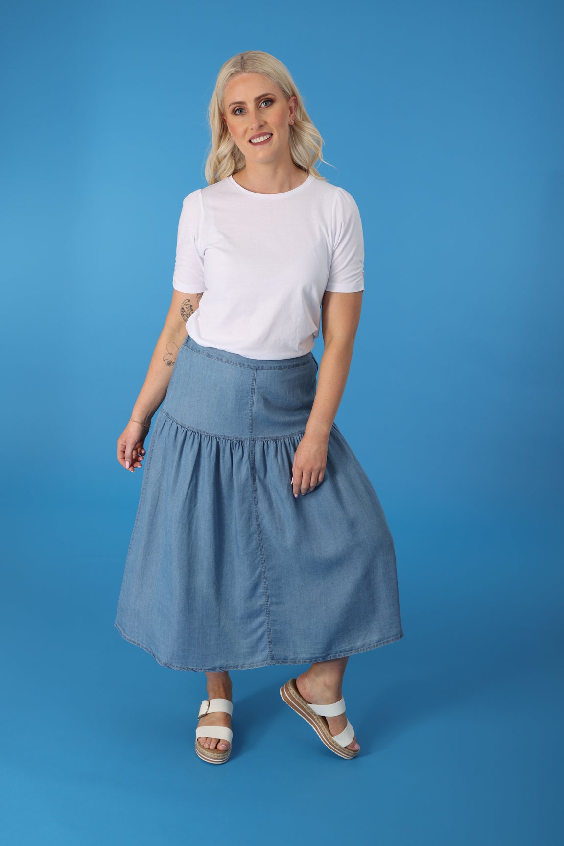 Tencel Chambray Skirt in Blue | Caroline Eve