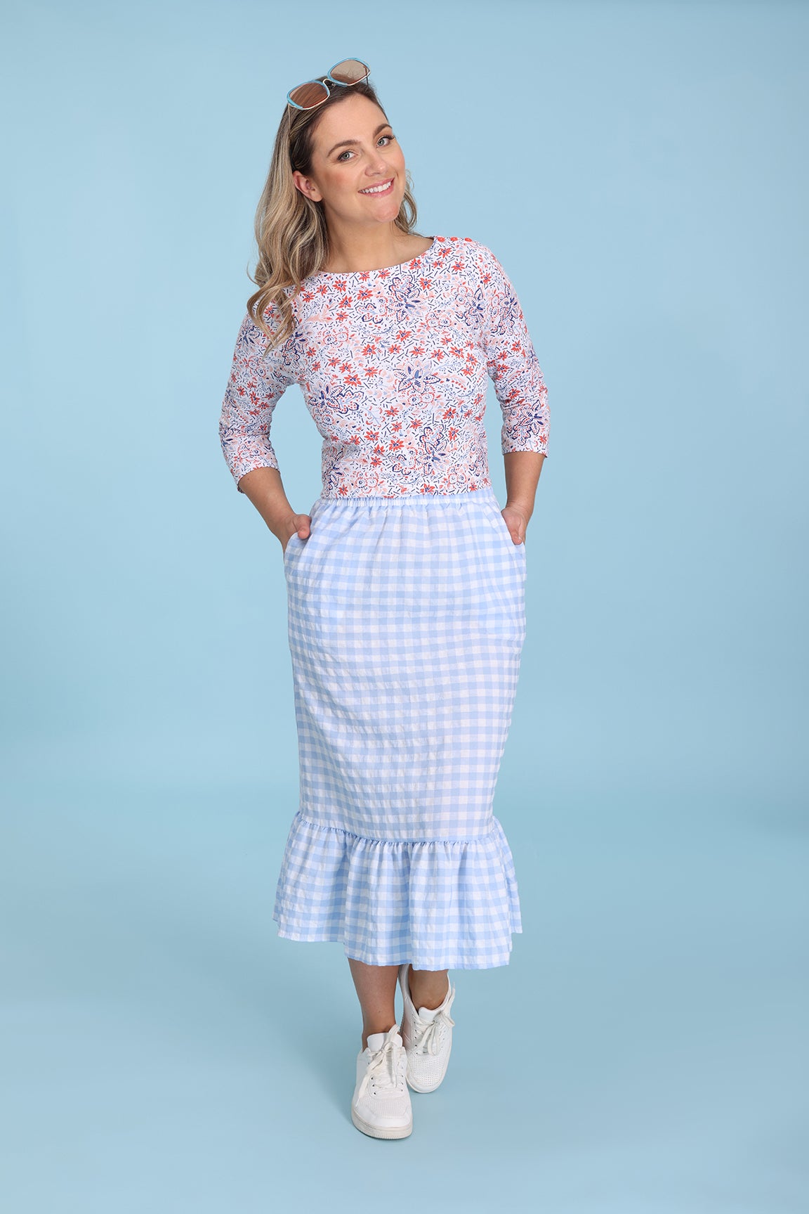 Gingham Check Skirt in Blue | Caroline Eve