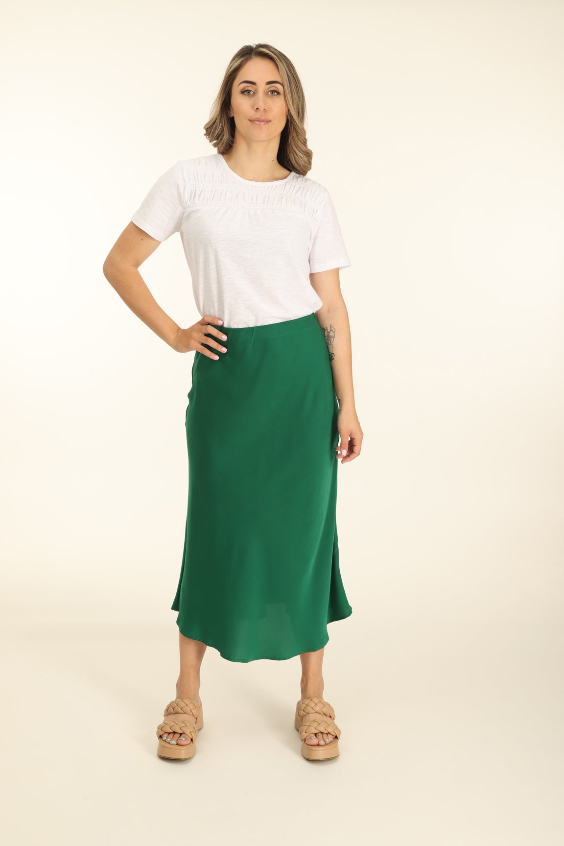 Finery Evelyn Satin Slip Midi Skirt, Green, 8