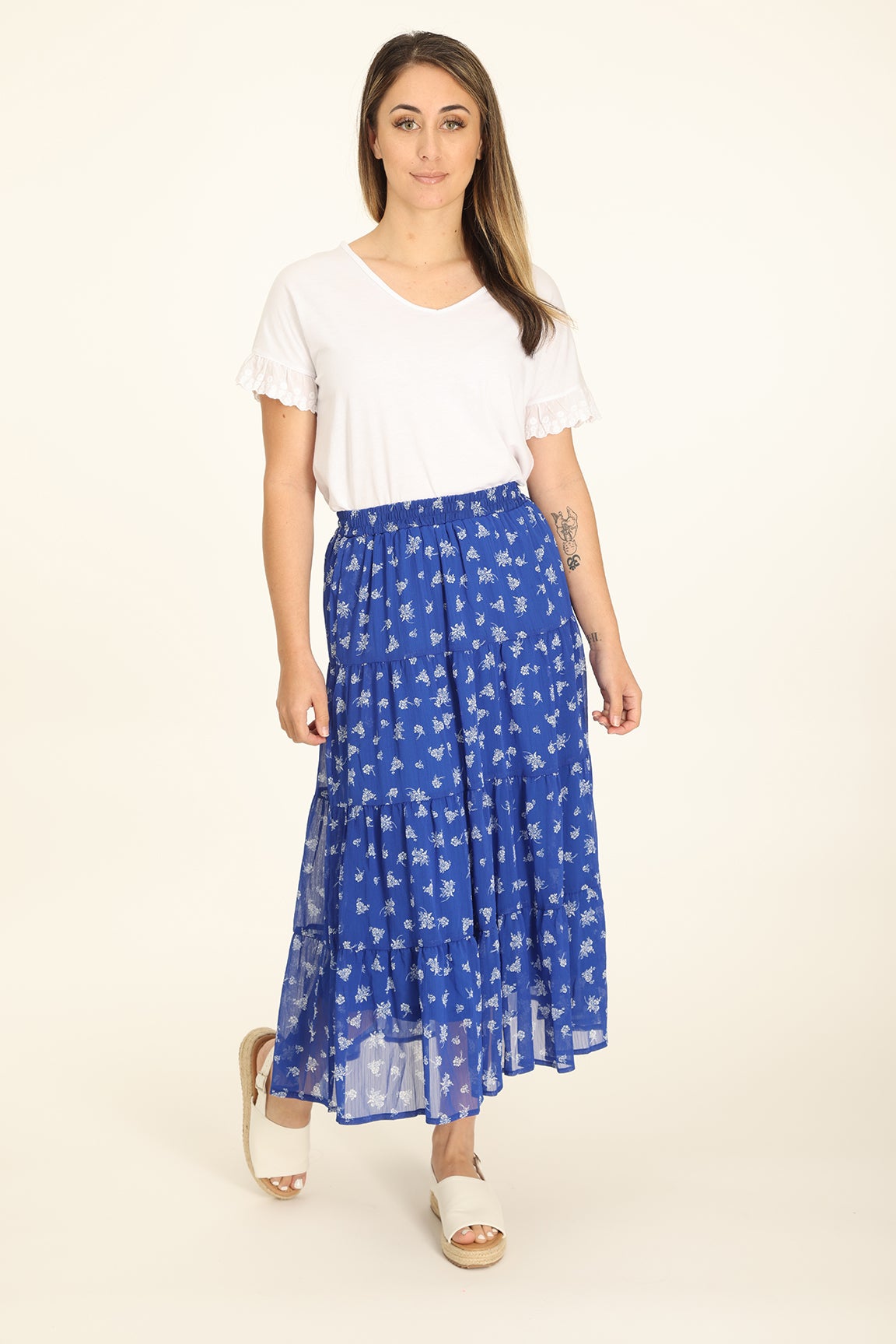 Printed Yoryu Chiffon Skirt in Blue | Caroline Eve
