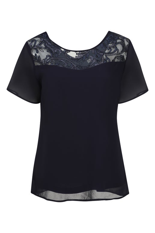 Evening Co-ord Embroided Top in Navy | Caroline Eve