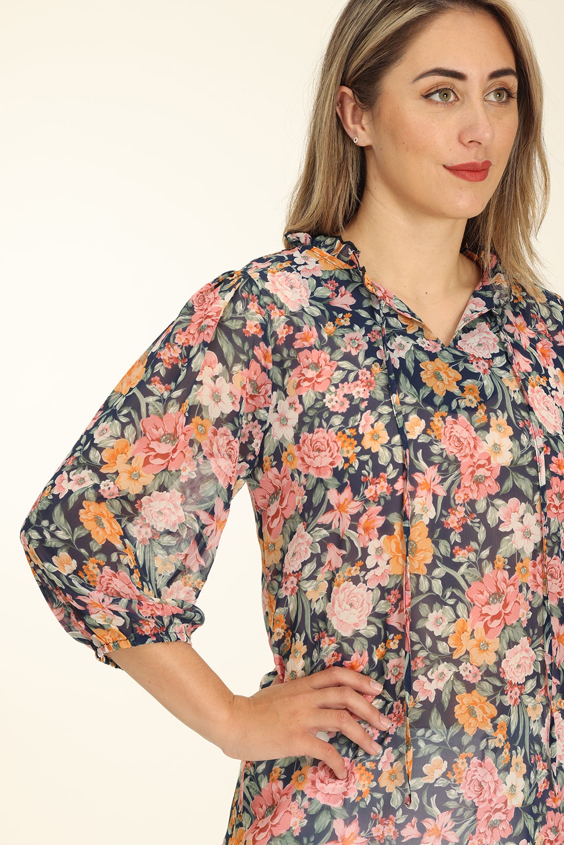 Printed Chiffon Top in Navy