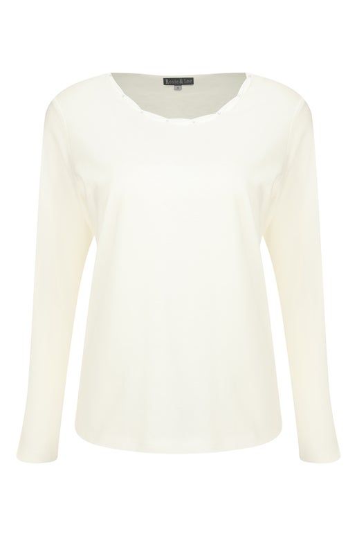 Cotton Rich Knit Braid Neck Detail Top in Off White | Caroline Eve